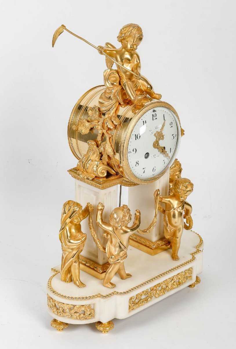 Leroy, In Paris - The Four Seasons. Portico Clock In White Marble And Gilt Bronze. Circa 1870-photo-1