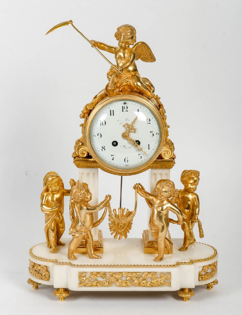Leroy, In Paris - The Four Seasons. Portico Clock In White Marble And Gilt Bronze. Circa 1870