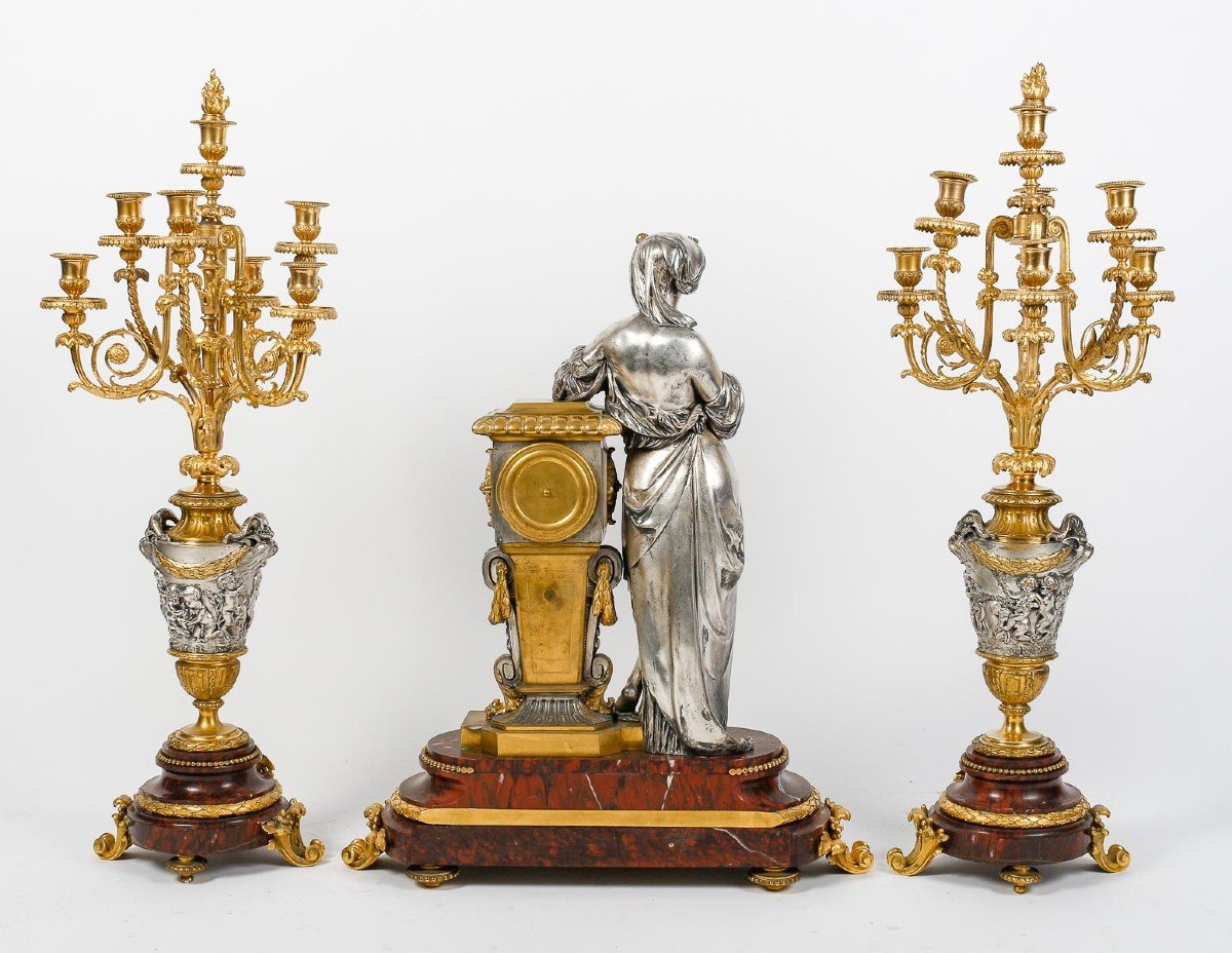 Lemerle-charpentier, Paris- Vestale Et Bacchanale. Garniture d'Apparat En Bronze Doré-argenté-photo-3