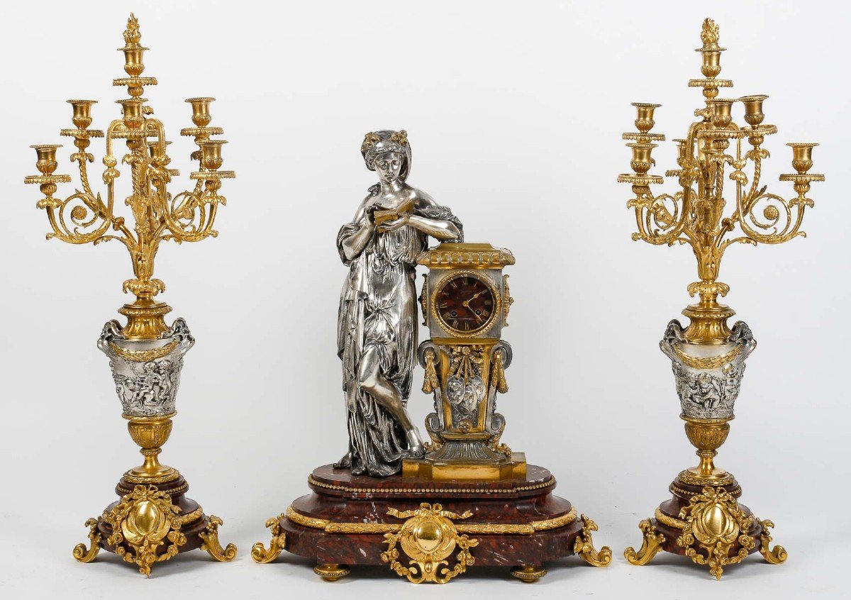 Lemerle-charpentier, Paris- Vestale Et Bacchanale. Garniture d'Apparat En Bronze Doré-argenté