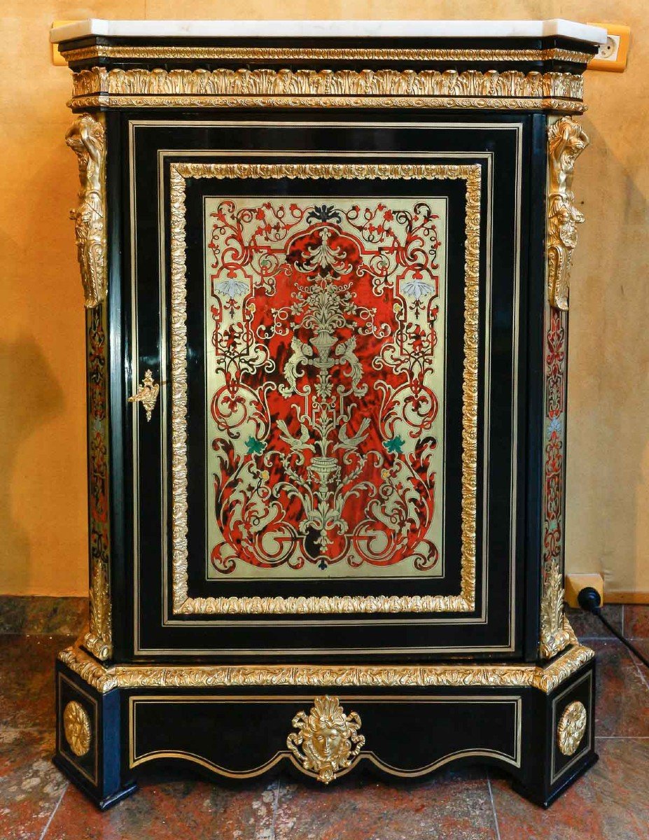 Pretot (1812-1855)-cabinet At Support Height In Boulle Polychrome Marquetry With Atlantes