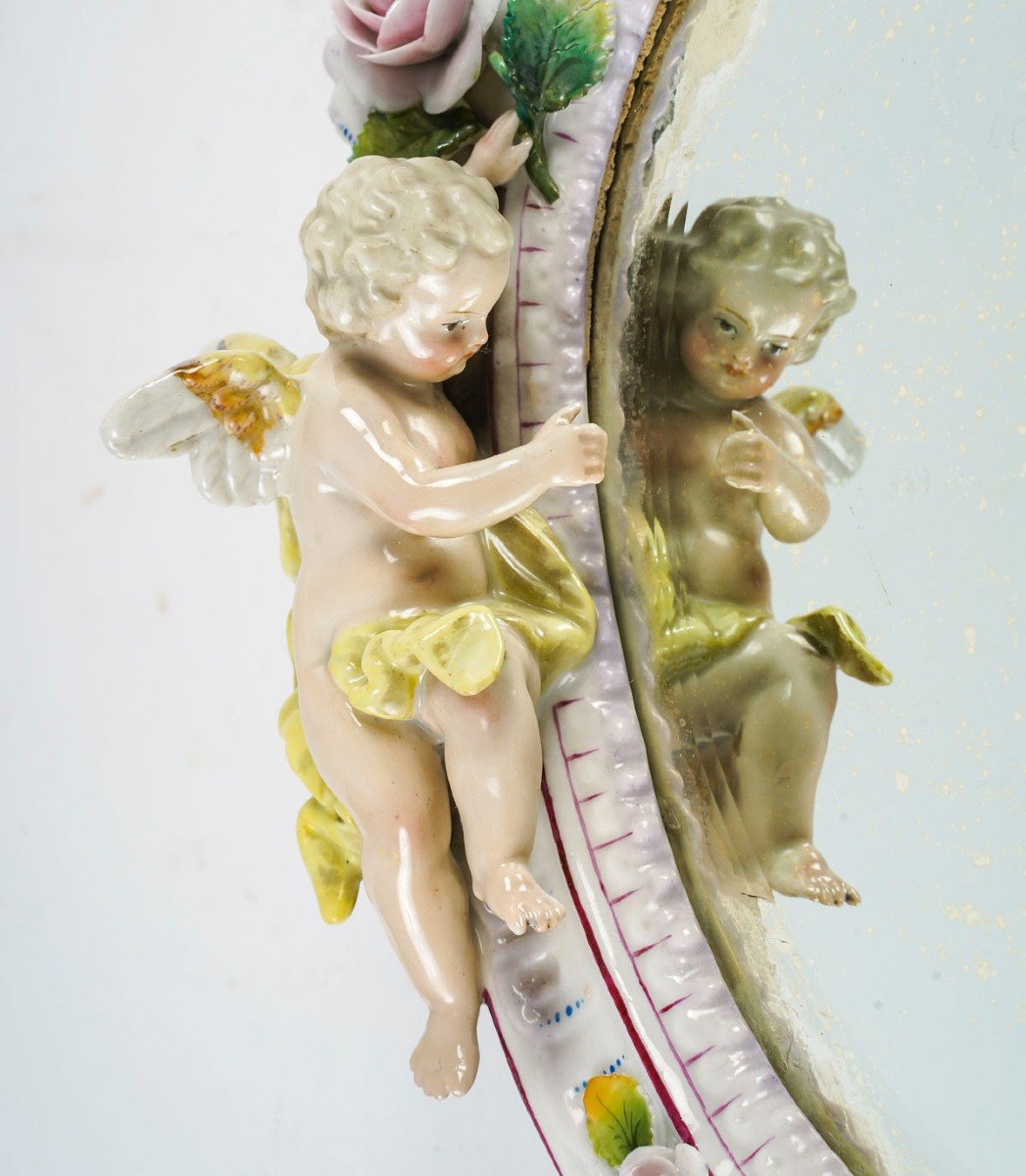 Miroir En Porcelaine De Meissen à Décor De Putti Et Fleurs, XIXe-photo-3
