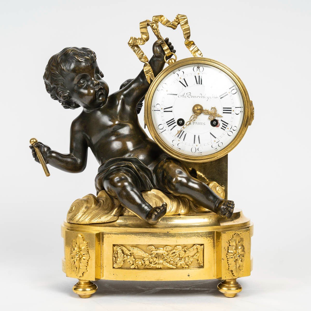 Beurdeley Fils, In Paris - Gilded And Patinated Bronze Clock With Putto Tambourinaire, Circa 18-photo-2