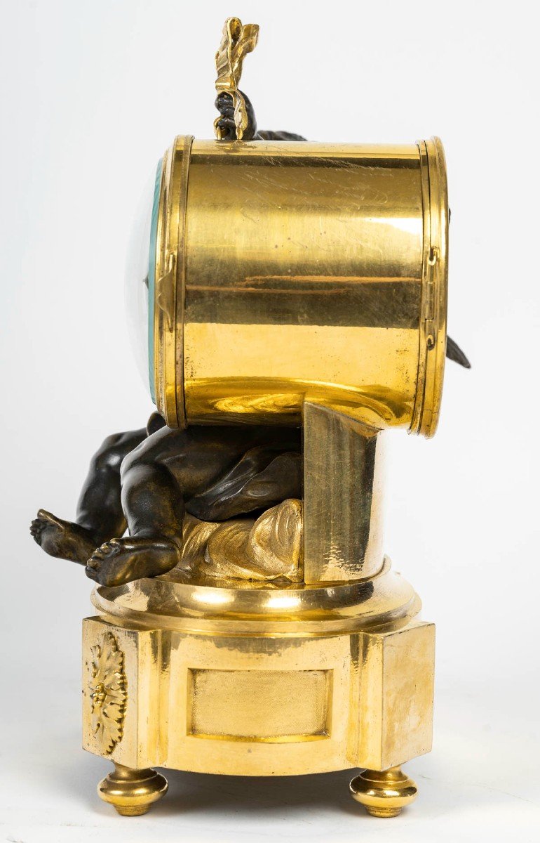 Beurdeley Fils, In Paris - Gilded And Patinated Bronze Clock With Putto Tambourinaire, Circa 18-photo-2