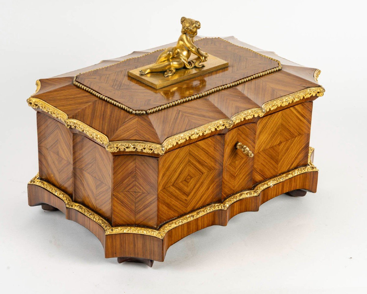 Coffret- à -bijoux Marqueté Et Bronze Doré à l'Effigie d'Eve, Vers 1860.-photo-2