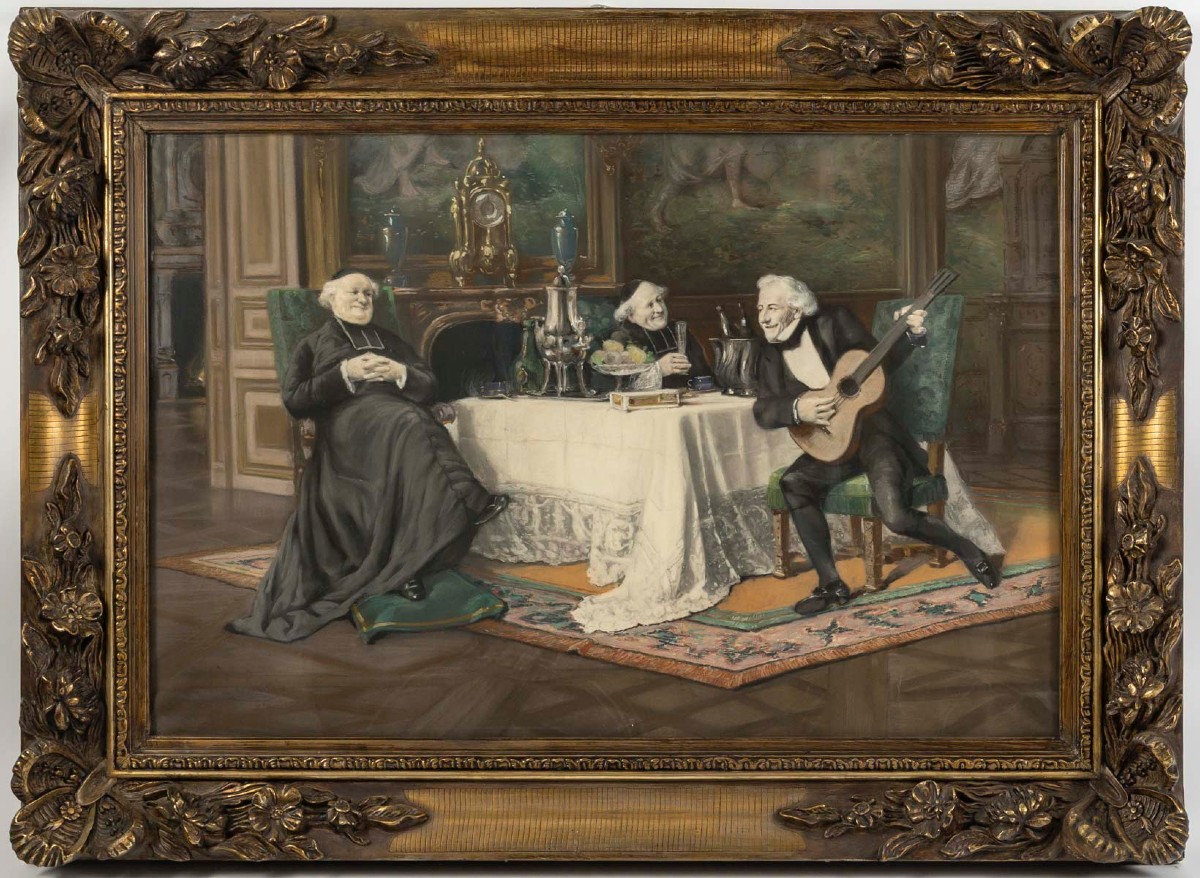 "la Sérénade De Deux Abbés". Pastel XIXIeme.