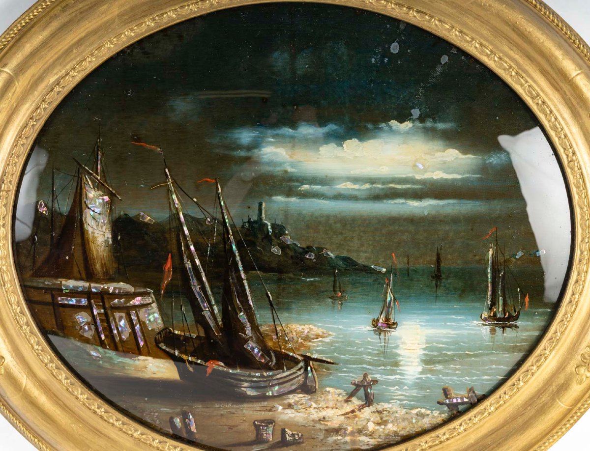 Marine, au Clair de Lune-Fixé sous-verre d'Epoque Louis-Philippe, circa 1840.-photo-2