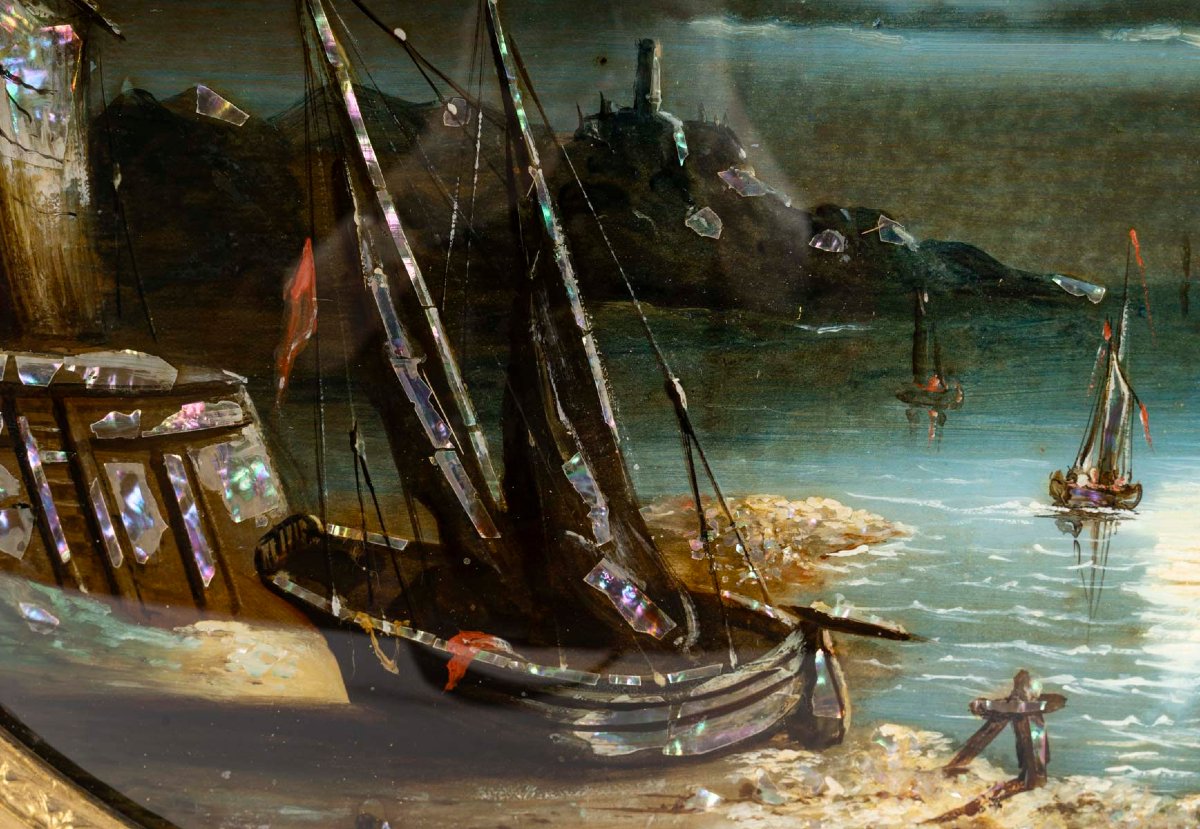 Marine, au Clair de Lune-Fixé sous-verre d'Epoque Louis-Philippe, circa 1840.-photo-3