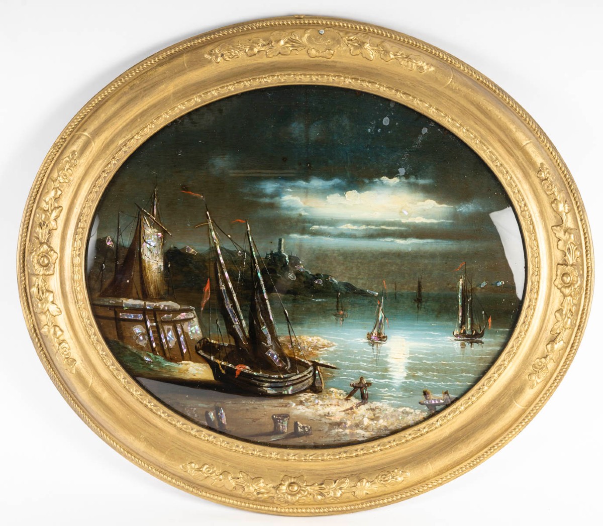 Marine, au Clair de Lune-Fixé sous-verre d'Epoque Louis-Philippe, circa 1840.