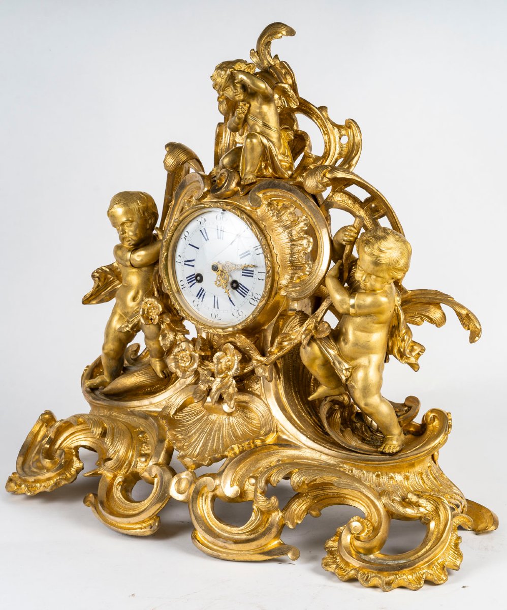 Popon, In Paris - Aurore, Neo-louis XV Table Clock In Gilded Bronze. Circa 1860.-photo-2