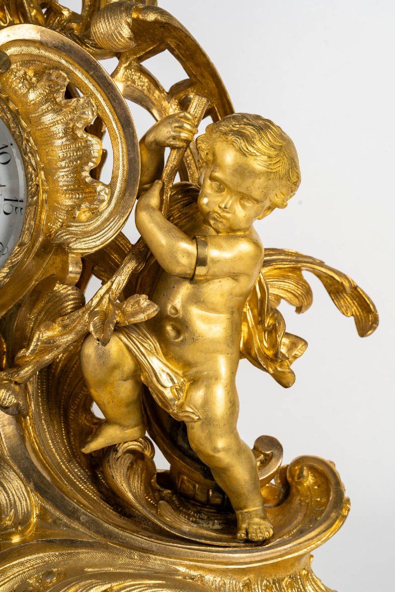 Popon, In Paris - Aurore, Neo-louis XV Table Clock In Gilded Bronze. Circa 1860.-photo-4
