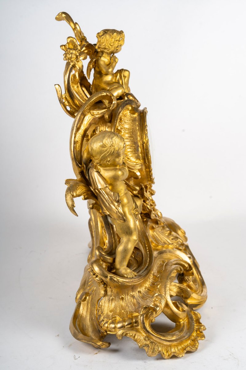 Popon, In Paris - Aurore, Neo-louis XV Table Clock In Gilded Bronze. Circa 1860.-photo-3