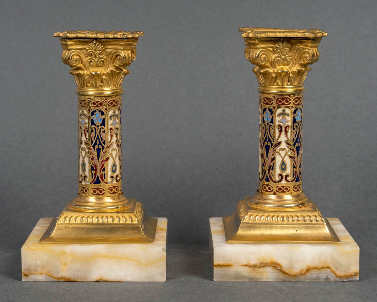 Pair Of Gilt Bronze Torches With Enamel Decoration. Circa 1880-photo-2