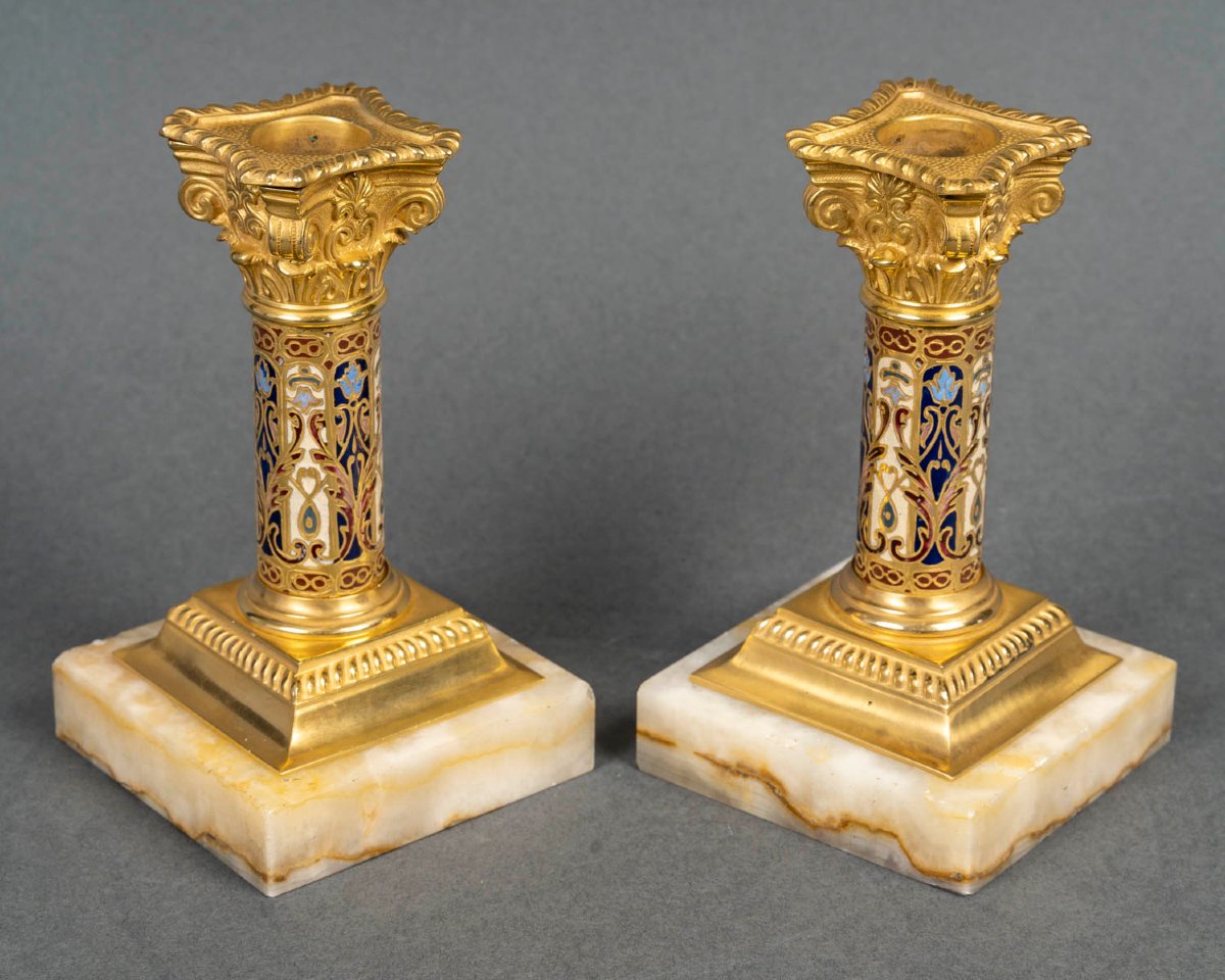 Pair Of Gilt Bronze Torches With Enamel Decoration. Circa 1880-photo-3