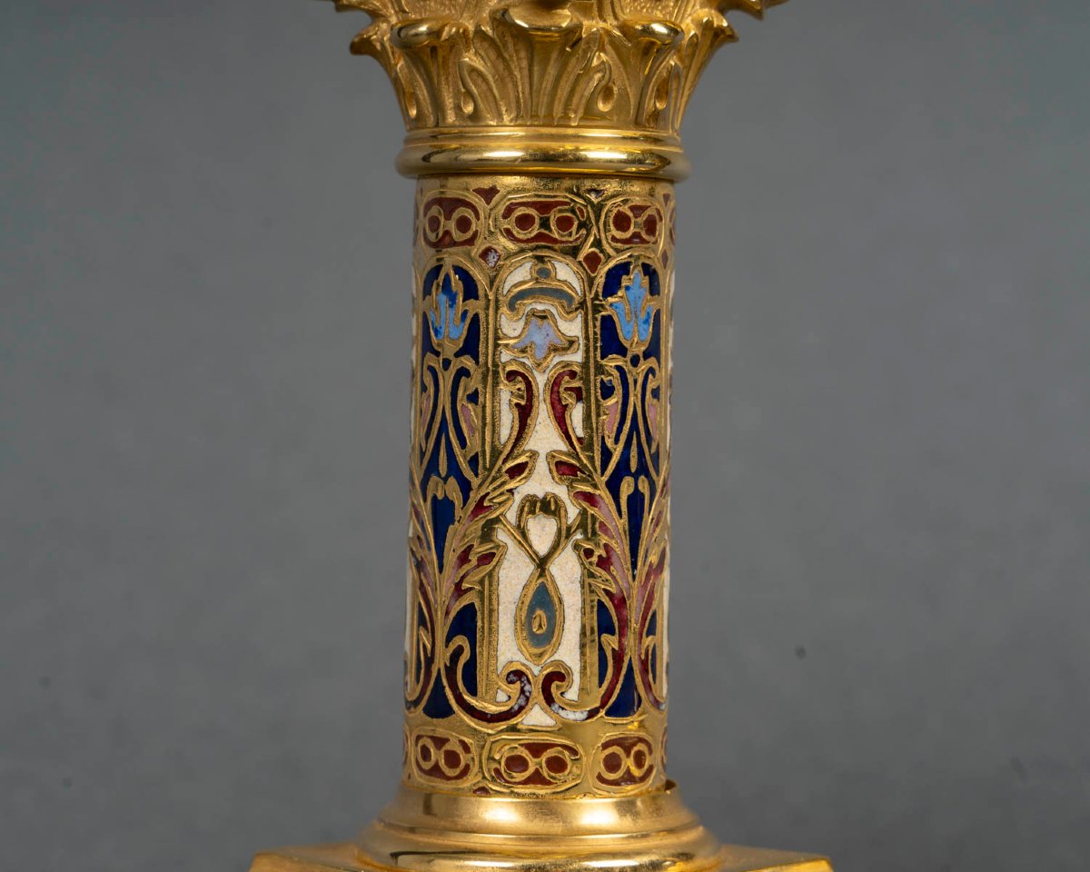 Pair Of Gilt Bronze Torches With Enamel Decoration. Circa 1880-photo-1