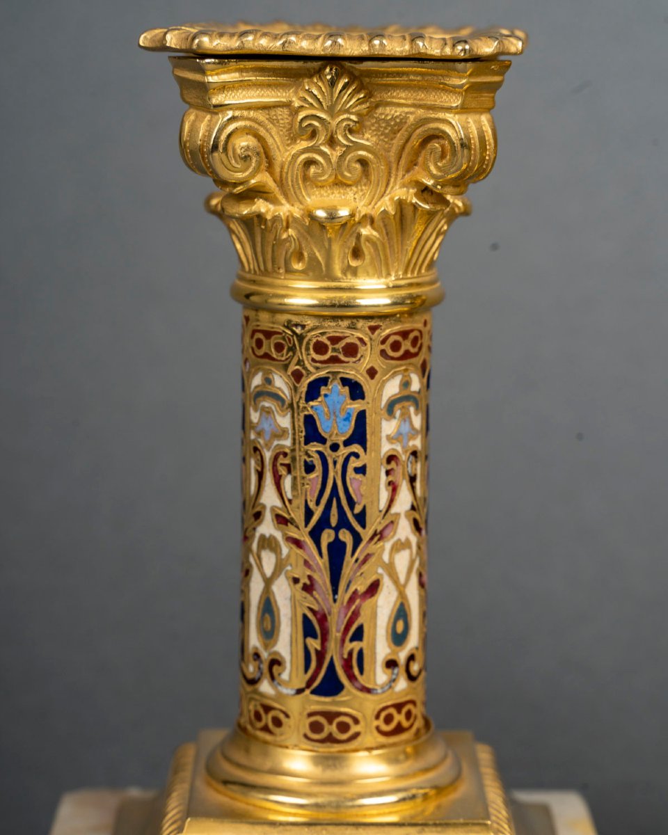Pair Of Gilt Bronze Torches With Enamel Decoration. Circa 1880-photo-2