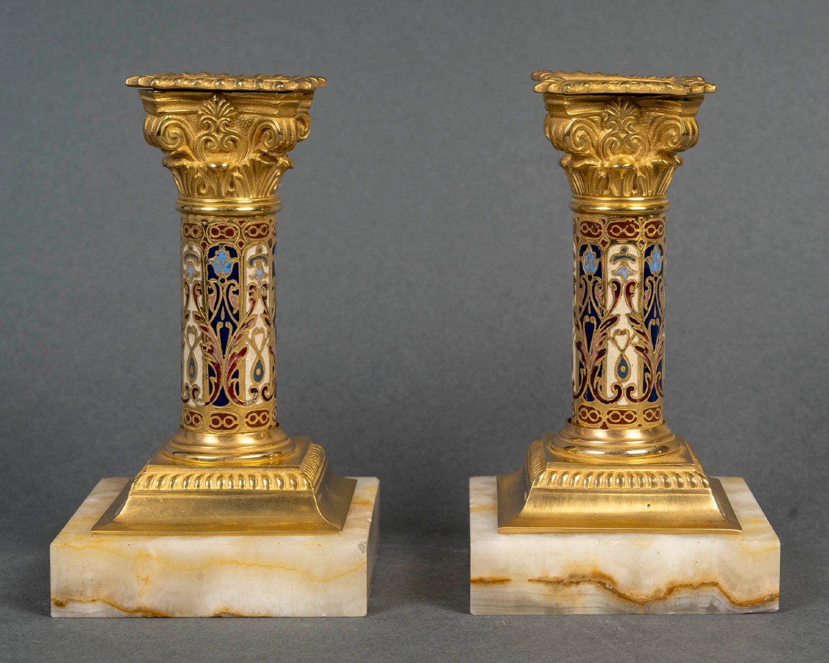 Pair Of Gilt Bronze Torches With Enamel Decoration. Circa 1880