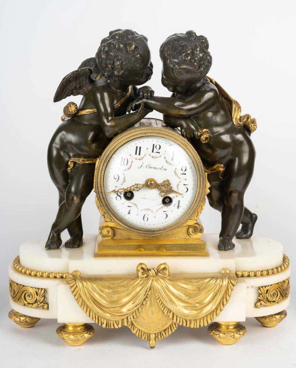 Neo-louis XVI Style Marble And Bronze Fireplace Set With A Cupid And Venus Motif.-photo-2