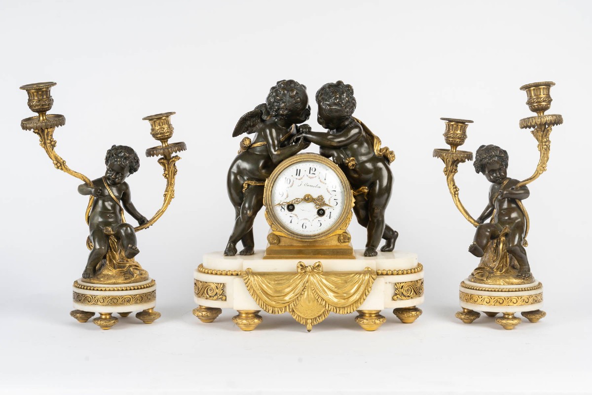 Neo-louis XVI Style Marble And Bronze Fireplace Set With A Cupid And Venus Motif.