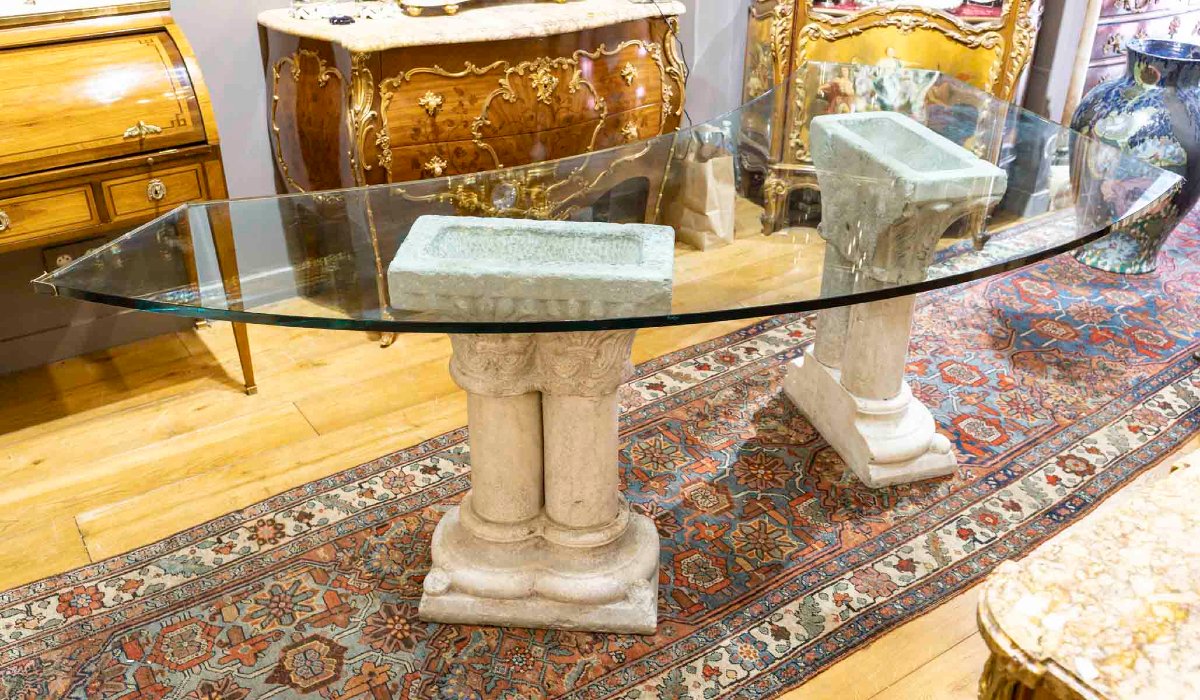 Glass-topped Desk Resting On 12th-century Romanesque Elements-photo-2