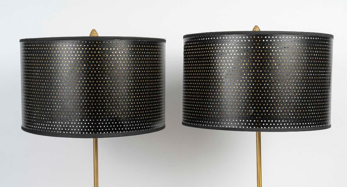 Paire de lampes « ananas » en bronze doré et patiné – Travail des années 1970-1980-photo-2
