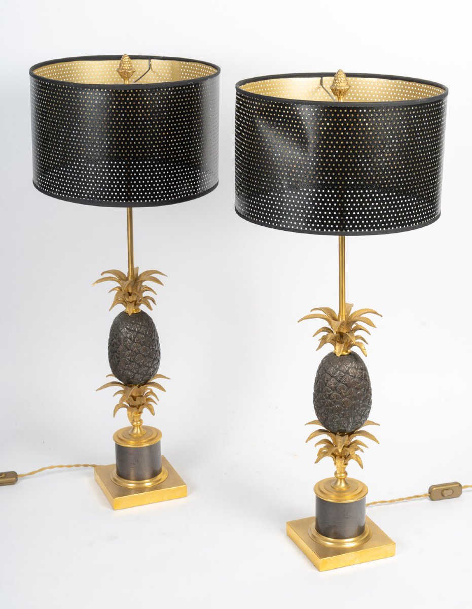 Paire de lampes « ananas » en bronze doré et patiné – Travail des années 1970-1980-photo-2