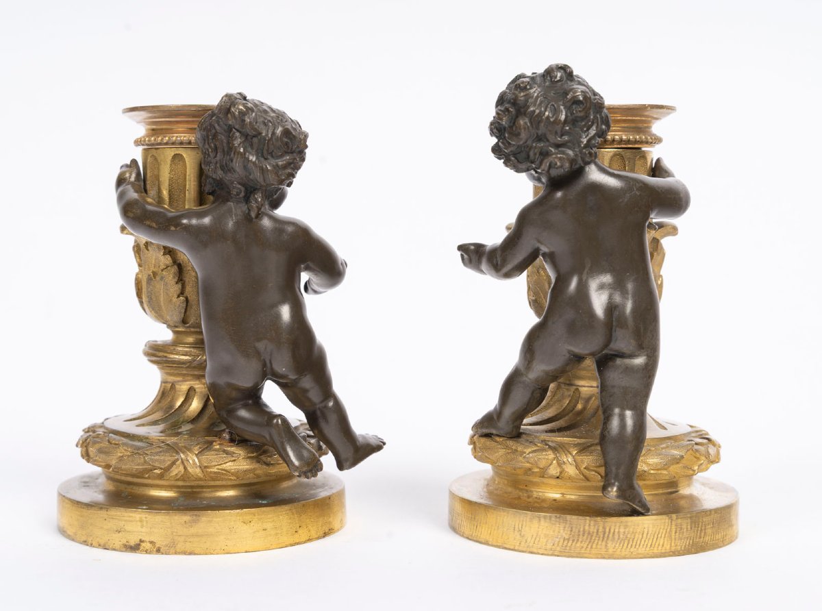 Paire de Flambeaux néo-Louis XVI en bronze à figures enfantines, circa 1880.-photo-4