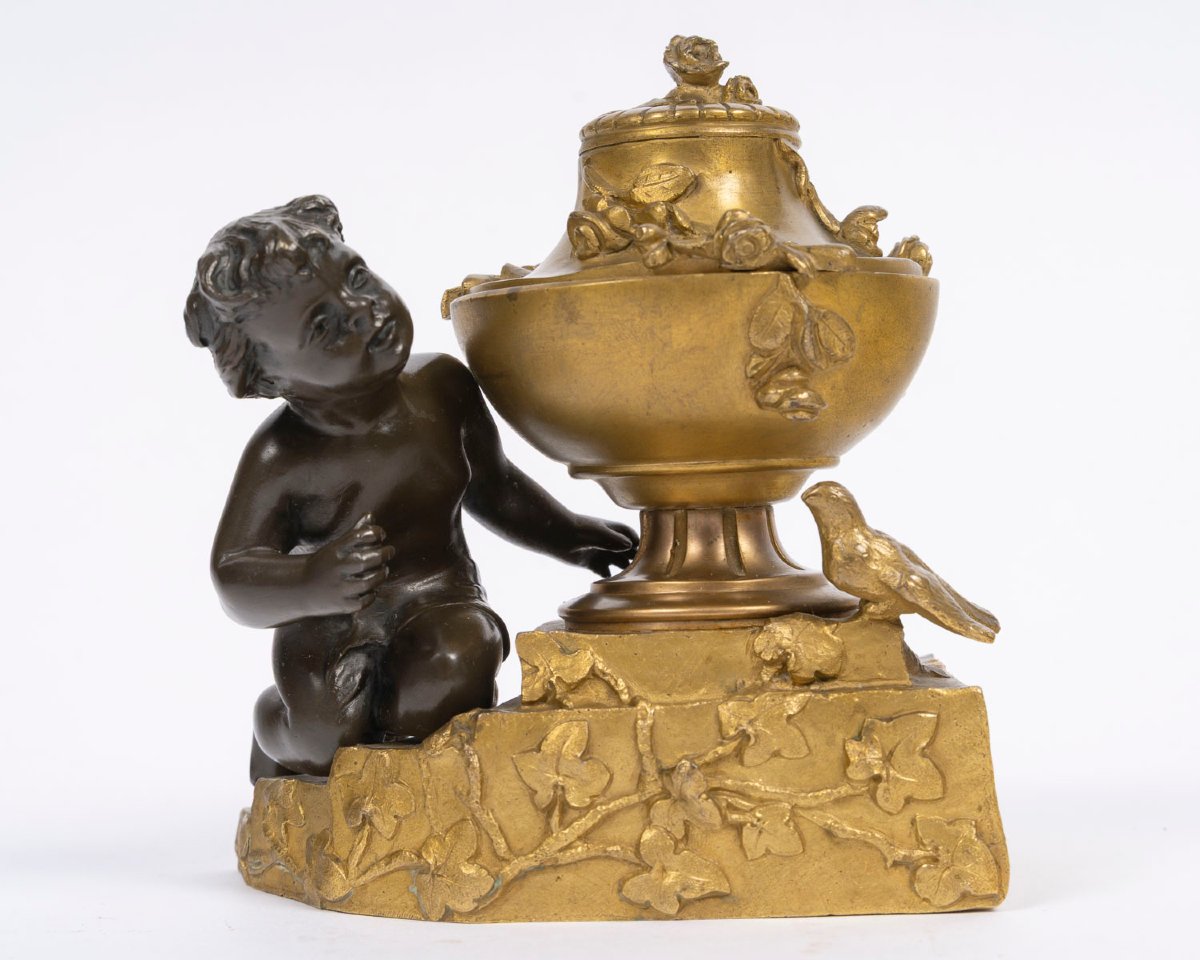 Ledieu-signoret (1853–1903)—*child With A Turtle Dove*. Bronze Inkwell. Circa 1890-photo-2