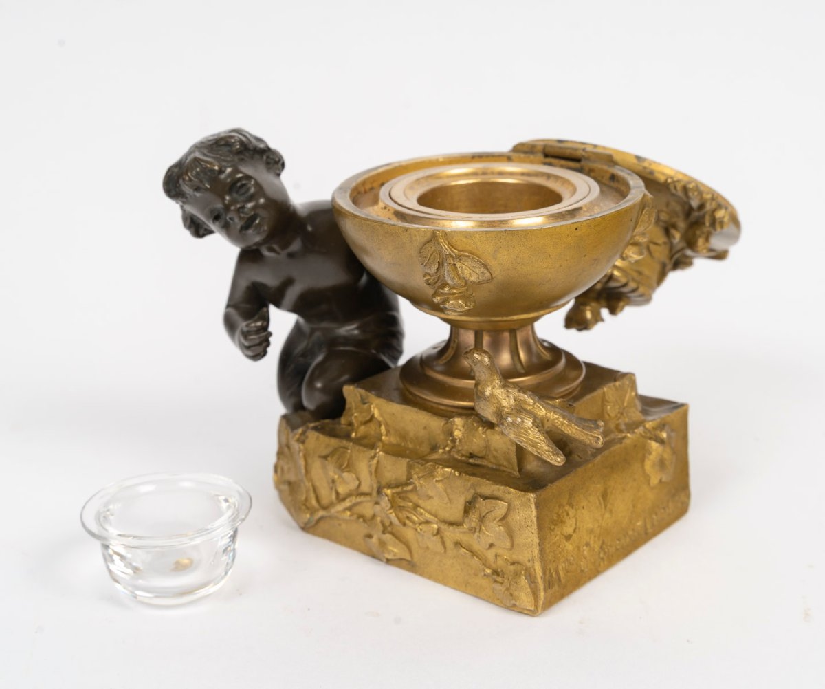 Ledieu-signoret (1853–1903)—*child With A Turtle Dove*. Bronze Inkwell. Circa 1890-photo-3