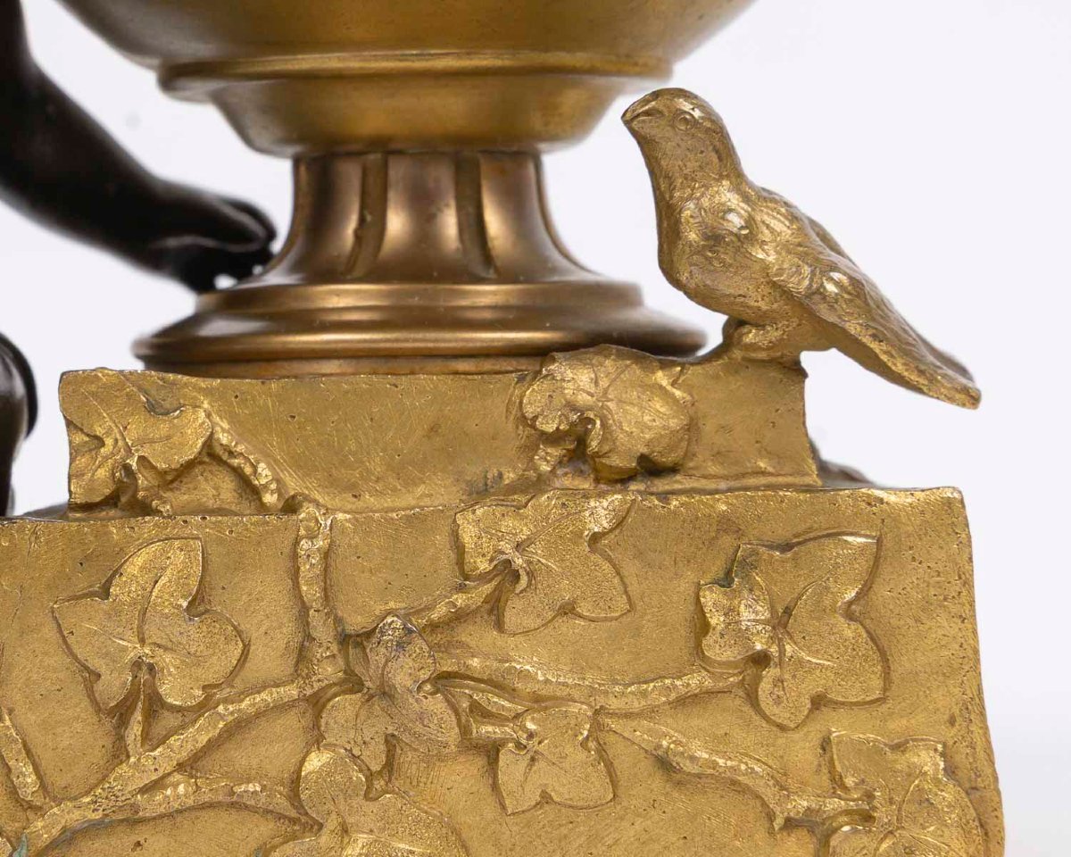 Ledieu-signoret (1853–1903)—*child With A Turtle Dove*. Bronze Inkwell. Circa 1890-photo-2