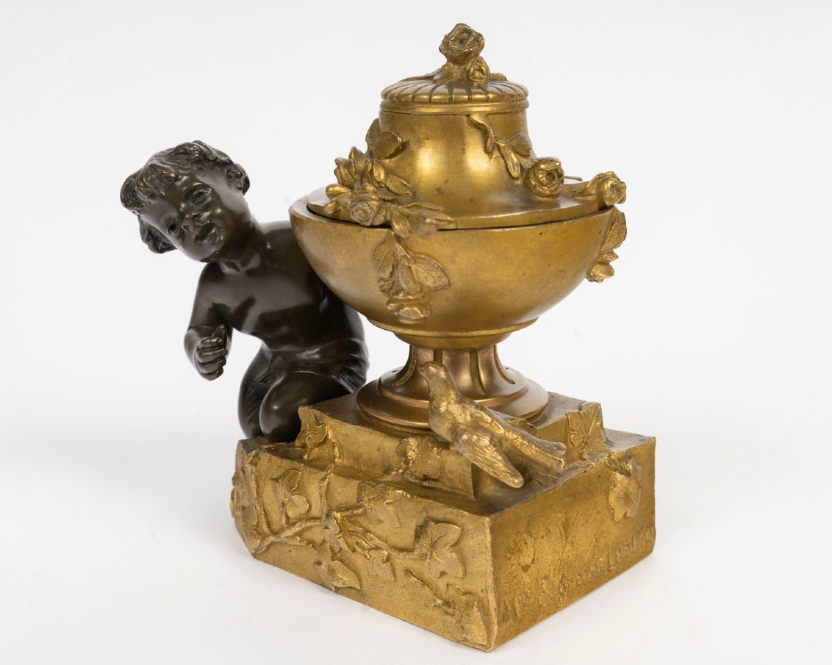 Ledieu-signoret (1853–1903)—*child With A Turtle Dove*. Bronze Inkwell. Circa 1890