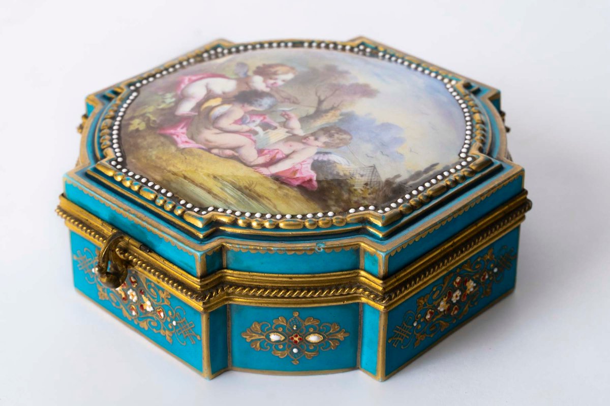 Alphonse Giroux, Paris—porcelain Jewelry Box Featuring "children" After Boucher. 
