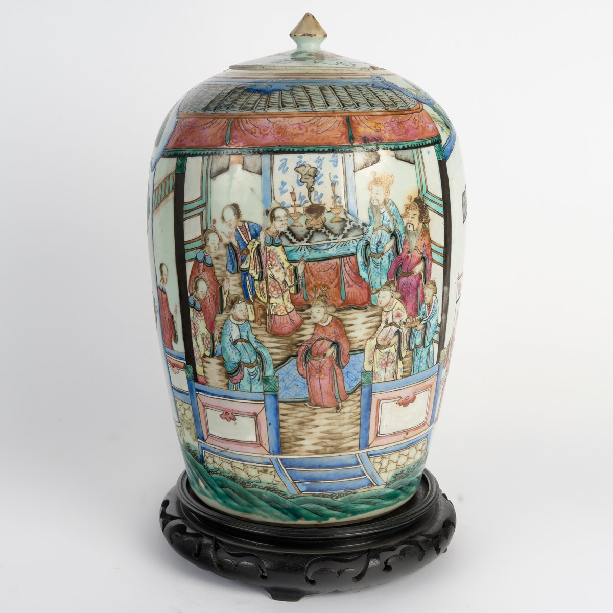 China, 19th Century—polychrome Glazed Porcelain Ginger Jar Decorated With A Wedding Scene