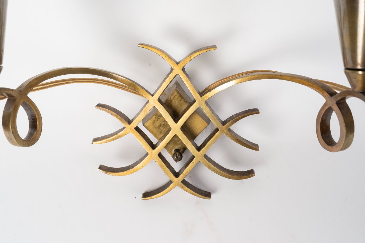 Pair Of Bronze Wall Sconces By Jules Leleu, 1950s-photo-3