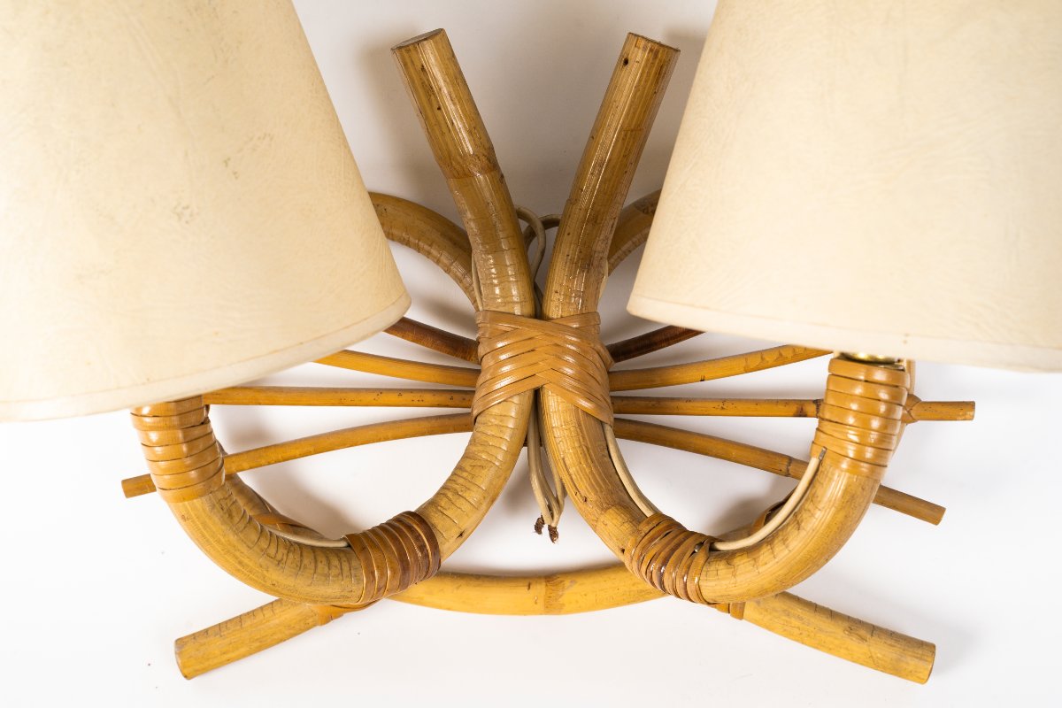 Set Of Three Bamboo Wall Sconces Attributed To Louis Sognot, 1960s-photo-1