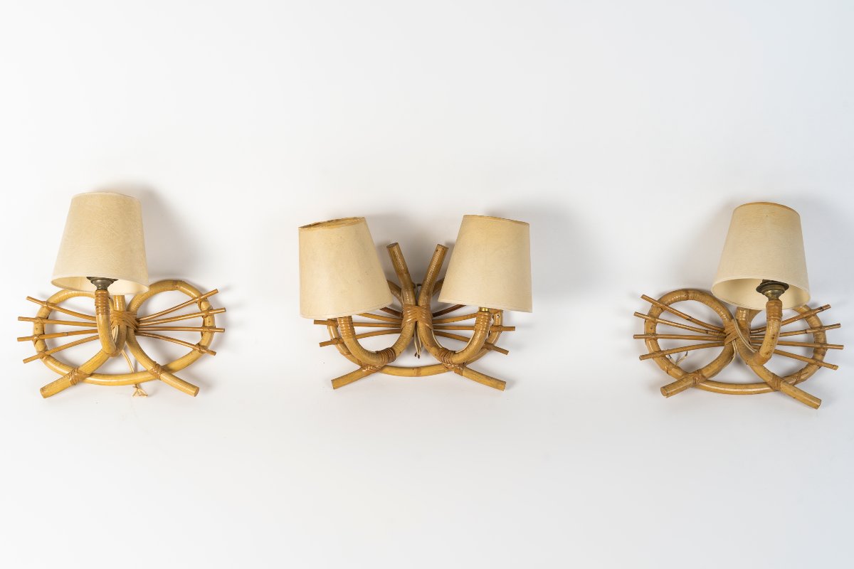 Set Of Three Bamboo Wall Sconces Attributed To Louis Sognot, 1960s