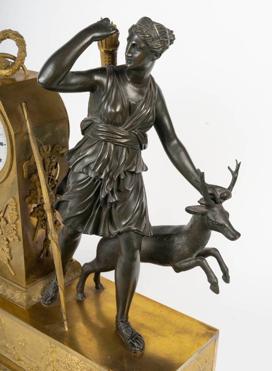 Gaston Jolly Fils, Paris—diane Chasseresse. Empire-style Clock In Patinated And Gilded Bronze -photo-3