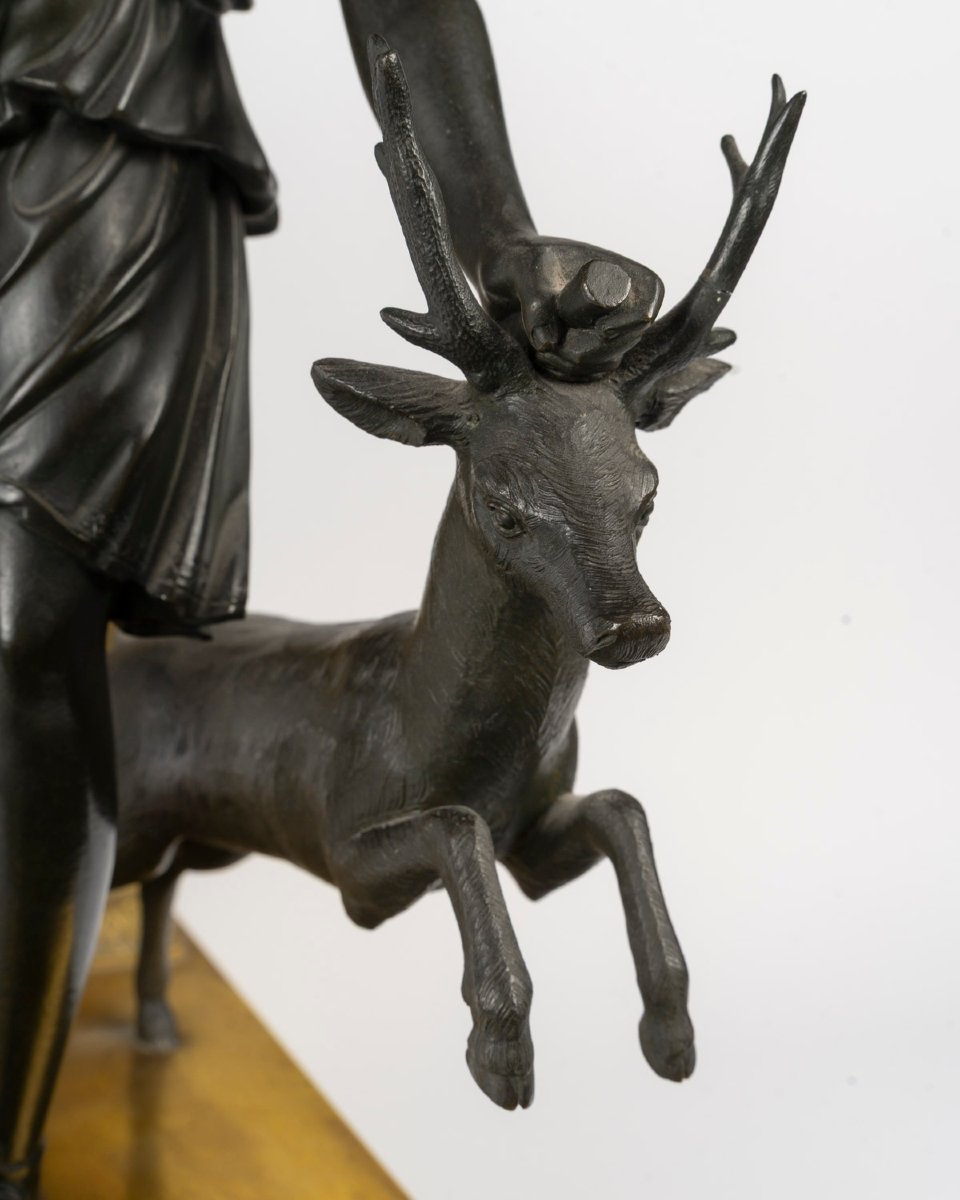 Gaston Jolly Fils, Paris—diane Chasseresse. Empire-style Clock In Patinated And Gilded Bronze -photo-1
