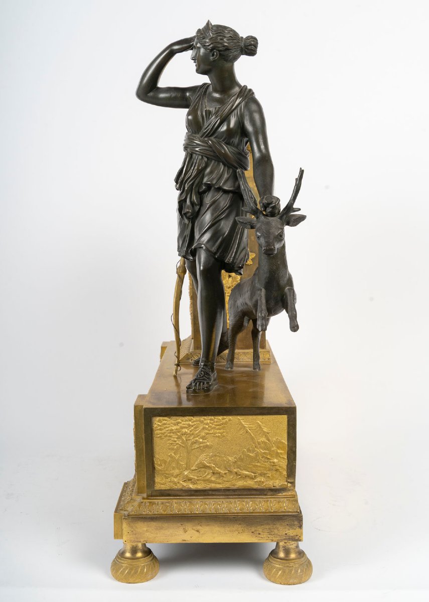 Gaston Jolly Fils, Paris—diane Chasseresse. Empire-style Clock In Patinated And Gilded Bronze -photo-3