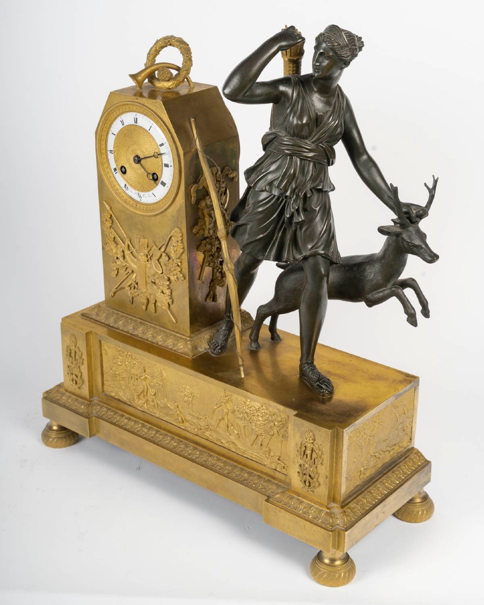Gaston Jolly Fils, Paris—diane Chasseresse. Empire-style Clock In Patinated And Gilded Bronze 