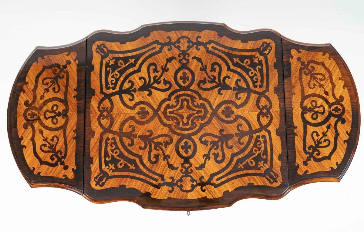 Louis XV-style Folding Table With A Marquetry Design Featuring Floral Motifs. 19th Century-photo-4