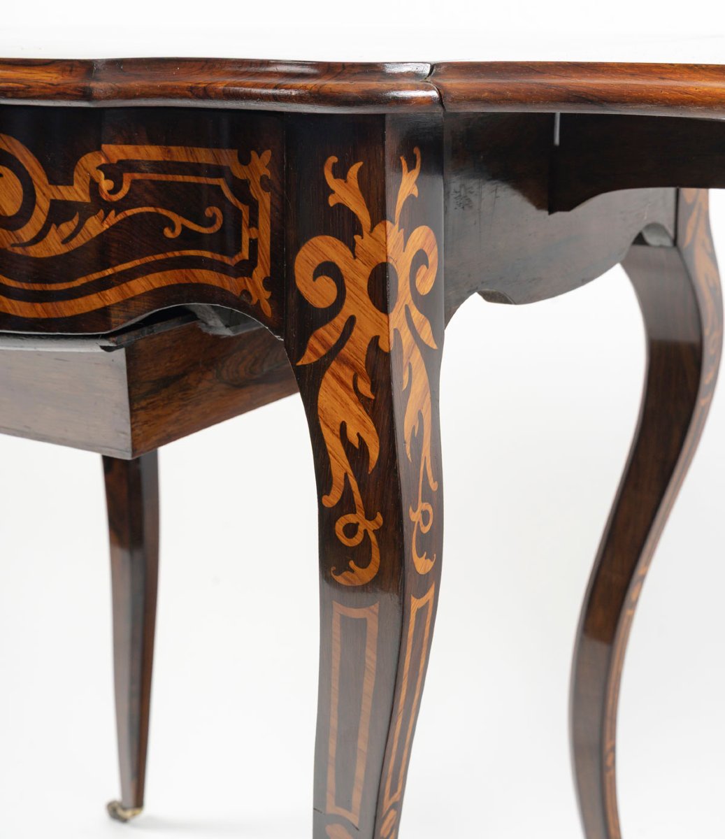 Louis XV-style Folding Table With A Marquetry Design Featuring Floral Motifs. 19th Century-photo-2