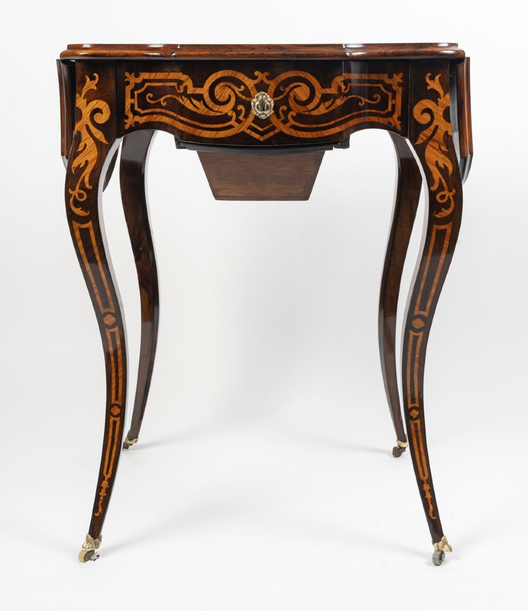 Louis XV-style Folding Table With A Marquetry Design Featuring Floral Motifs. 19th Century-photo-5