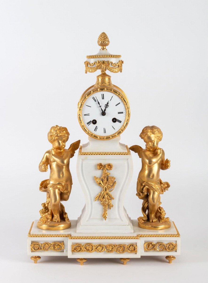 Louis XVI Style Bollard Clock In White Marble And Gilt Bronze