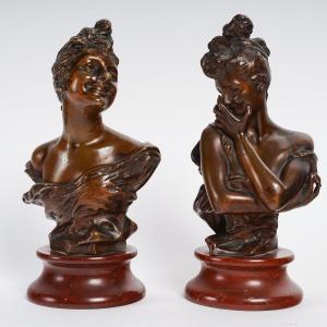 Georges Van Der Straeten (1856-1926)- Rieuse, Malicieuse- Bustes En Bronze. Circa 1890.