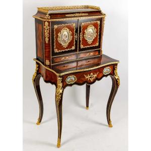 Bonheur- Du- Jour In Louis XV Style Inlaid Decorated With Sèvres Porcelain Medallions