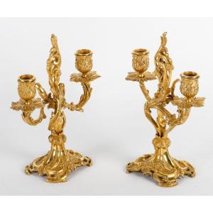 Pair Of Louis XV Style Candelabra In Gilt Bronze With Rocaille Decor. Paris 19th Century