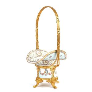 Louis XVI-empress Style Basket In Gilt Bronze And Porcelain With Floral Decor. Circa 1870