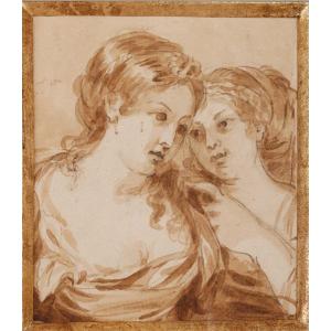 French School Of The 19th Century. Young Women In Antiquity. Study In Pen And Brown Ink.