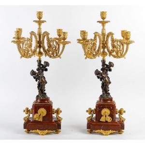 Paire De Candélabres En Bronze Doré Et Marbre  De Style Louis XVI - Travail Parisien, Vers 1880